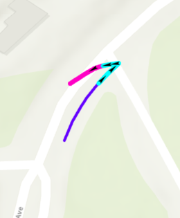 Start- und Endstraße, die mit dem ausgewählten Kantenübergangselement in der Karte verbunden sind