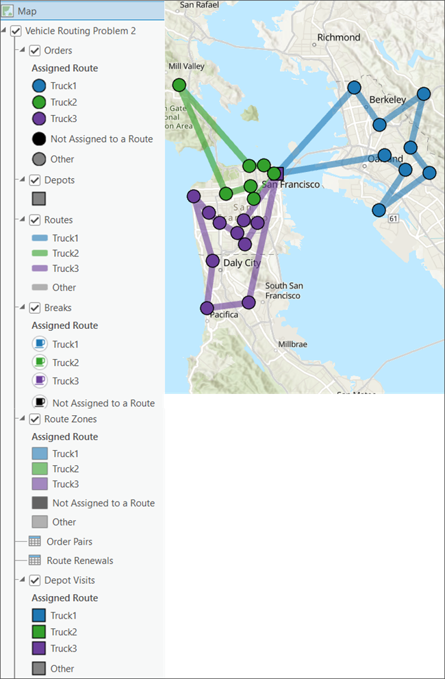 Den Sublayern werden Farben zugewiesen, die der Route entsprechen, mit der sie verbunden sind.