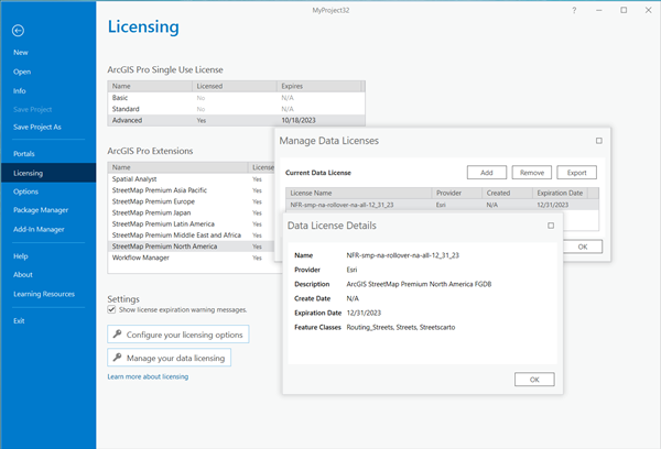 Dialogfeld "Datenlizenzen verwalten" mit StreetMap Premium-Lizenzdatei (*.sdlic)