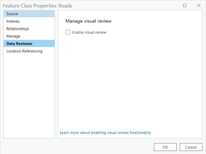 Dialogfeld "Feature-Class-Eigenschaften" mit aktiver Registerkarte "Data Reviewer" und den Einstellungen für "Visuelle Überprüfung verwalten"