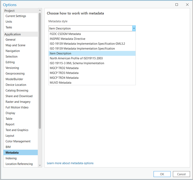 Options dialog box Metadata tab with Metadata style options