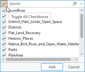 Dropdown-Liste "Batch Eingabe-Features" mit Auswahl aller Layer