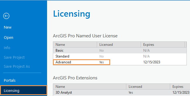 Registerkarte "Lizenzierung" in den ArcGIS Pro-Einstellungen