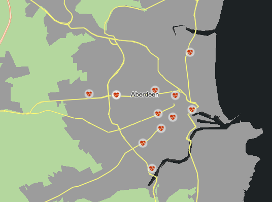 Karte mit aktualisierter Symbolisierung für Hauptstraßen in der Nähe von Aberdeen