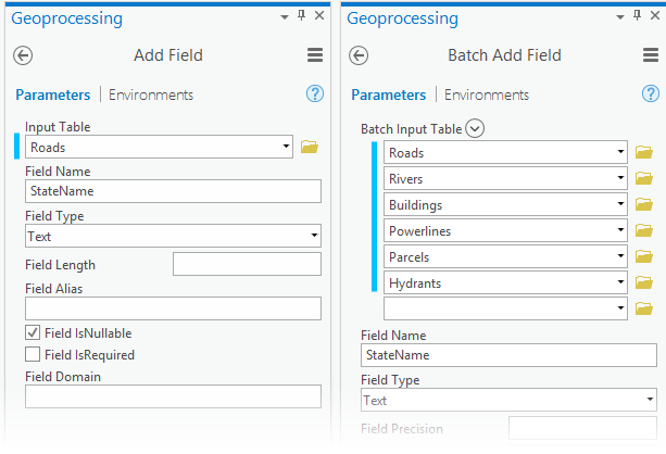 Parameter im Werkzeug "Feld hinzufügen" und "Batch Feld hinzufügen"