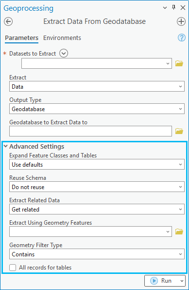 Erweiterte Einstellung im Werkzeug "Daten aus Geodatabase extrahieren"