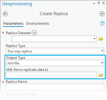 Bei der Verwendung des Geoverarbeitungswerkzeugs "Replikat erstellen" kann die Option "Ausgabetyp" jetzt entweder auf "Geodatabase" oder auf "XML-Datei" festgelegt werden, was sich speziell für nicht verbundene Umgebungen empfiehlt.