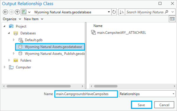 Navigieren Sie über das Dialogfeld "Ausgabe-Beziehungsklasse" zu der Geodatabase, in der die Beziehungsklasse gespeichert werden soll.