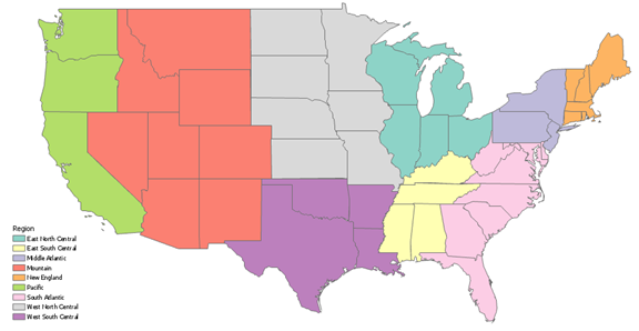 Nach Region symbolisierte Festlandfläche der USA