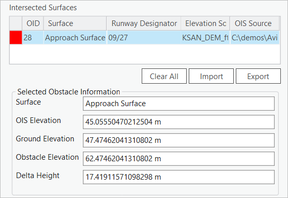 Selected Obstacle and Intersected Surfaces information table with populated values