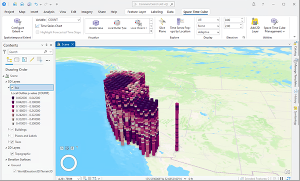 Das Anzeige-Design "p-Wert des lokalen Ausreißers" angewendet auf einen Raum-Zeit-Würfel-Layer Das Anzeige-Design "p-Wert des lokalen Ausreißers" angewendet auf einen Raum-Zeit-Würfel-Layer