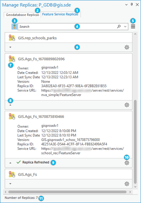 Elemente der Registerkarte "Feature-Service-Replikate" Elemente der Registerkarte "Feature-Service-Replikate"