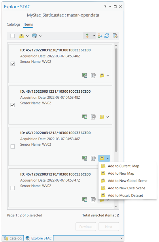 Registerkarte "Elemente" im Bereich "STAC erkunden" Registerkarte "Elemente" im Bereich "STAC erkunden"