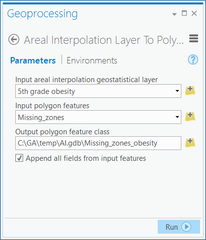 Dialogfeld des Geoverarbeitungswerkzeugs "Flächeninterpolations-Layer in Polygone"