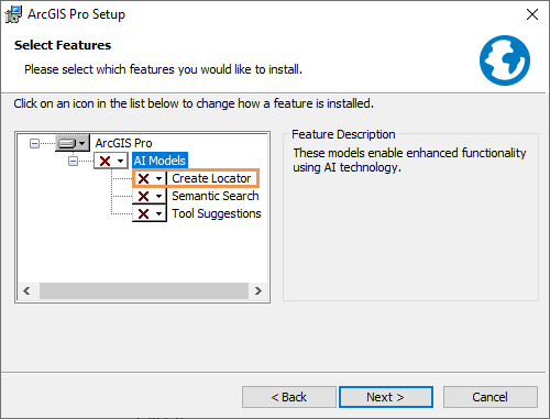 Bereich "Features auswählen" im ArcGIS Pro-Installationsassistenten mit hervorgehobenem KI-Modell "Locator erstellen"