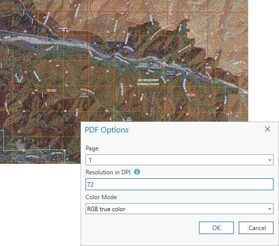 PDF-Datei einer topografischen Karte des USGS, die als Karten-Layer hinzugefügt wurde, und das Dialogfeld "PDF-Optionen"