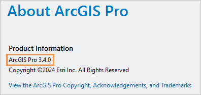 Produktversion, die auf der Seite "Info zu ArcGIS Pro" angezeigt wird