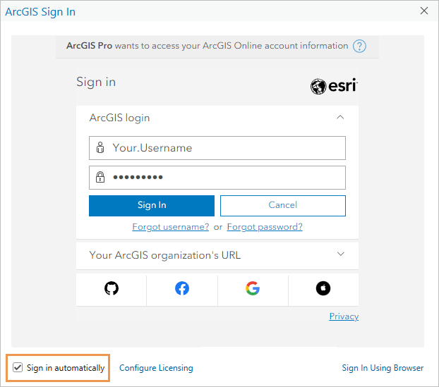 Das ArcGIS-Anmeldefenster