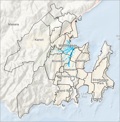 Karte der Vorstadtgrenzen und Zone mit Hochwasserrisiko