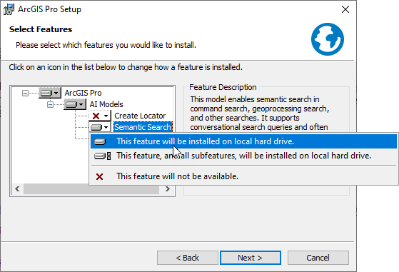 Fenster "Funktionen auswählen" im Assistenten "ArcGIS Pro – Setup"