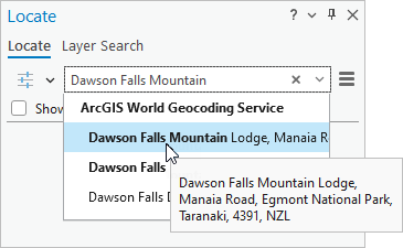 Der Bereich "Suchen" mit Vorschlägen für "Dawson Falls Mountain Lodge"