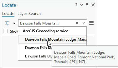 Der Bereich "Suchen" mit Vorschlägen für "Dawson Falls Mountain Lodge"