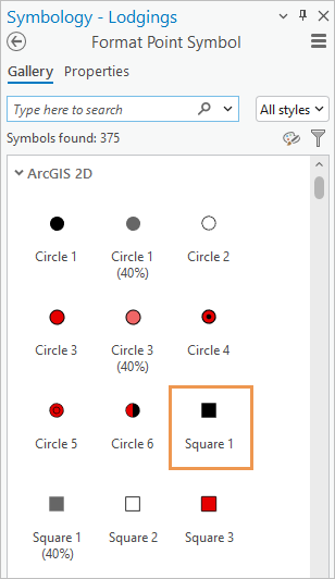 Bereich "Symbolisierung", in dem das Quadrat 1 in der Symbolgalerie angezeigt wird