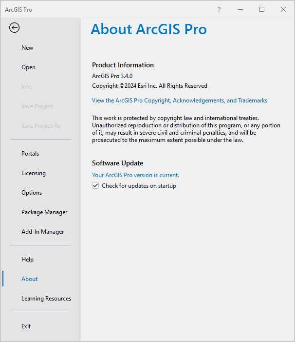 Seite "Info zu ArcGIS Pro"