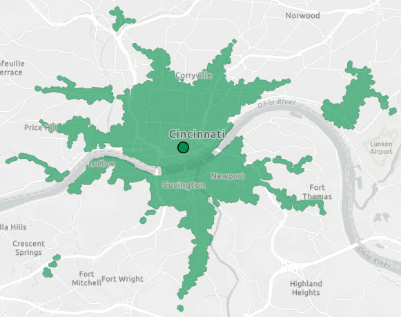 Einzugsgebiet für öffentlichen Verkehr um 17:15 Uhr