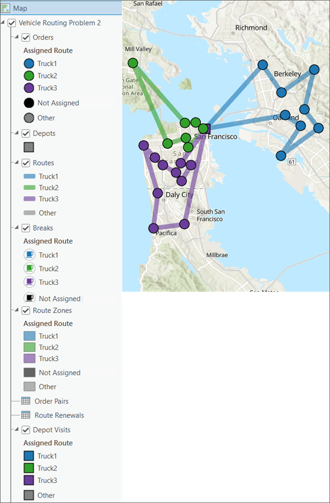 Den Sublayern werden Farben zugewiesen, die der Route entsprechen, mit der sie verbunden sind.