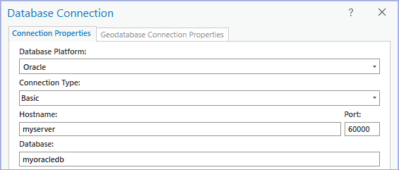 Verbindung zu einer Oracle-Datenbank unter Verwendung von Easy Connect-Informationen für einen Server mit dem Namen "myserver" und dem Servicenamen "myoracledb" über einen Nicht-Standard-Port 60000