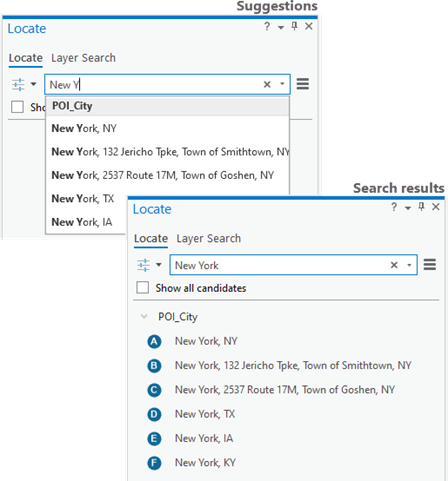 Vorschläge und Suchergebnisse der Mehrfachrollen-Locators für Stadt und POI mit Rangwerten