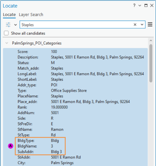 Ergebnis einer POI-Suche anhand des Ortsnamens mit Unteradressendetails