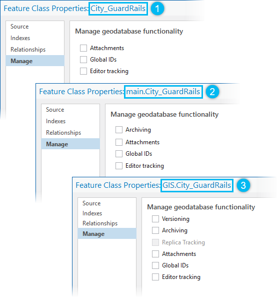 Registerkarte "Verwalten" im Dialogfeld "Eigenschaften" für eine in einer File-, Mobile- oder Enterprise-Geodatabase gespeicherten Feature-Class