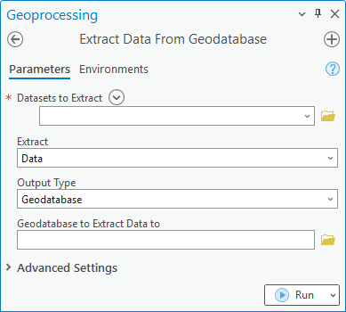 Dialogfeld des Geoverarbeitungswerkzeugs "Daten aus Geodatabase extrahieren"