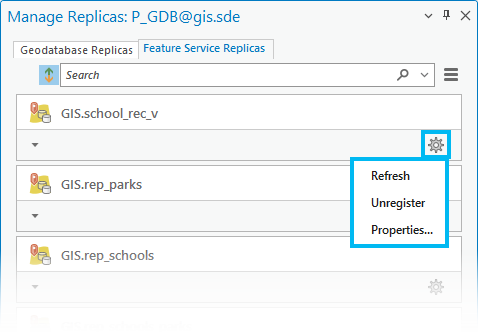 Über die Optionsschaltfläche auf der Registerkarte "Feature-Service-Replikate" wird ein Menü mit Optionen zum Aktualisieren des Replikats, Aufheben der Registrierung des Replikats oder Öffnen der Eigenschaften des Replikats geöffnet.