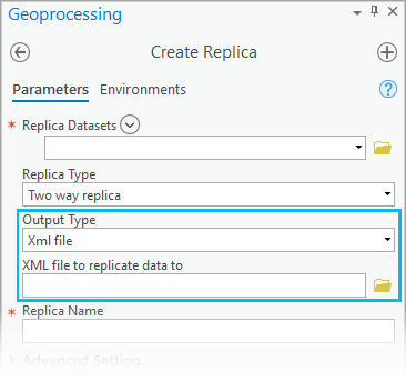 Legen Sie im Geoverarbeitungswerkzeug "Replikat erstellen" den Ausgabetyp auf "XML-Datei" fest.