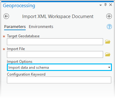 Das Geoverarbeitungswerkzeug "XML-Workspace-Dokument importieren" mit ausgewählter Option "Daten und Schema importieren" für den Parameter "Importoptionen".