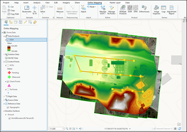 Auf der Karte angezeigtes Ortho-Mapping-DSM