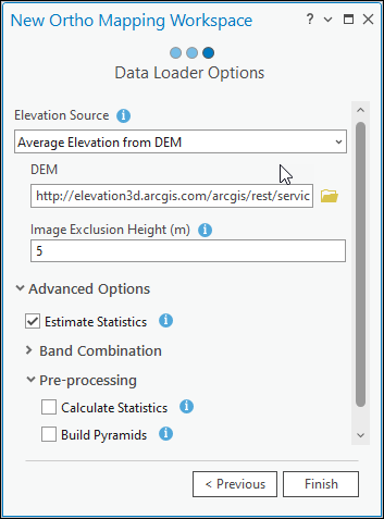 Fenster "Data Loader-Optionen" des Assistenten "Neuer Ortho-Mapping-Workspace"