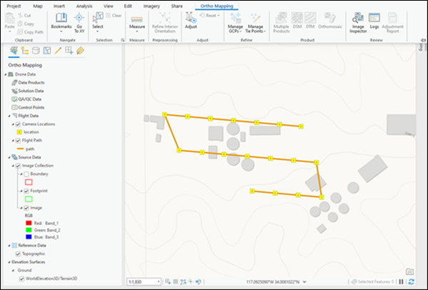 Ortho-Mapping-Workspace im Bereich "Inhalt" mit Flugbahn und Bildmittelpunkten, die in der Karte angezeigt werden