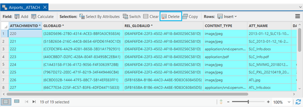 Tabelle "ATTACH" mit allen ausgewählten Datensätzen und hervorgehobener Schaltfläche "Löschen"