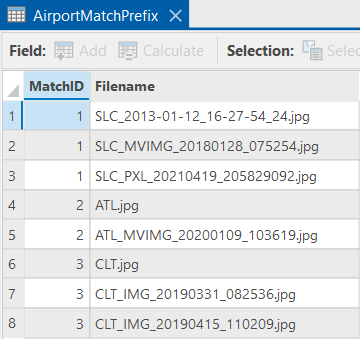 Zuordnungstabelle mit Ergebnissen unter Verwendung des *.jpg-Filters und der Einstellung "Präfix" für Musterabgleich