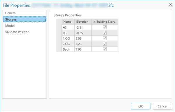 Registerkarte "Storeys" für eine IFC-Datei