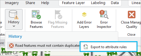 Dropdown-Menü "Verlauf" in "Datenprüfungen ausführen" mit der Option "In Attributregeln exportieren" Dropdown-Menü "Verlauf" in "Datenprüfungen ausführen" mit der Option "In Attributregeln exportieren"