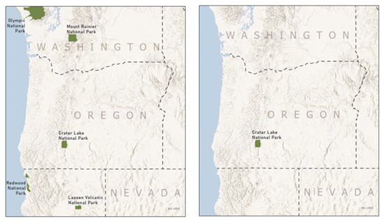 Gegenüberstellung der gleichen Kartenserienseite von Oregon, bei der einmal alle Nationalparks in der Ausdehnung der Karte angezeigt werden, und einmal nur die Nationalparks in Oregon zu sehen sind