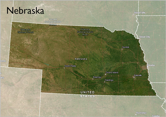 Eine Kartenserienseite von Nebraska, bei der die anderen Bundesstaaten durch einen transparenten Layer maskiert sind