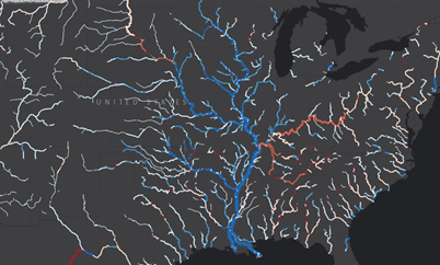 Das detaillierte Dataset zur Hydrologie, wobei bei einem mittleren Maßstab nur die Flüsse mit hoher und mittlerer Fließgeschwindigkeit dargestellt werden