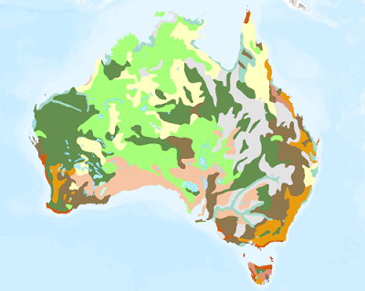 Eine Karte von Australien, auf der Bodentypen in verschiedenen Farben dargestellt sind