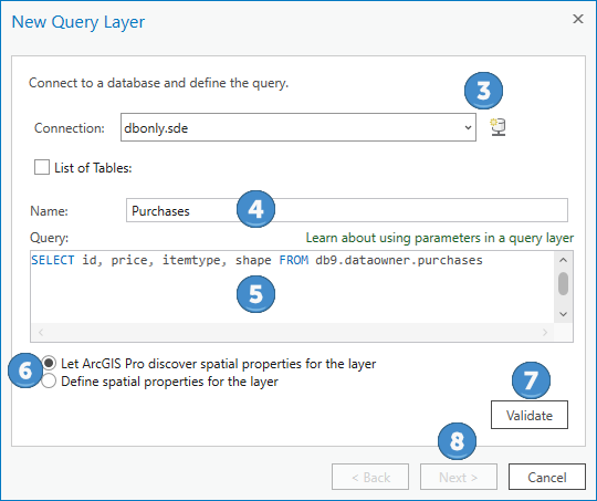 Herstellen einer Verbindung mit einer Datenbank und Definieren der SQL-Abfrage für den neuen Abfrage-Layer.